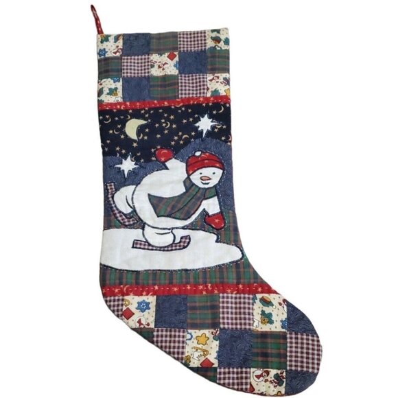 Handmade Large Snowman Skating Holiday Stocking Quilted Patchwork Moon Stars - Picture 1 of 11